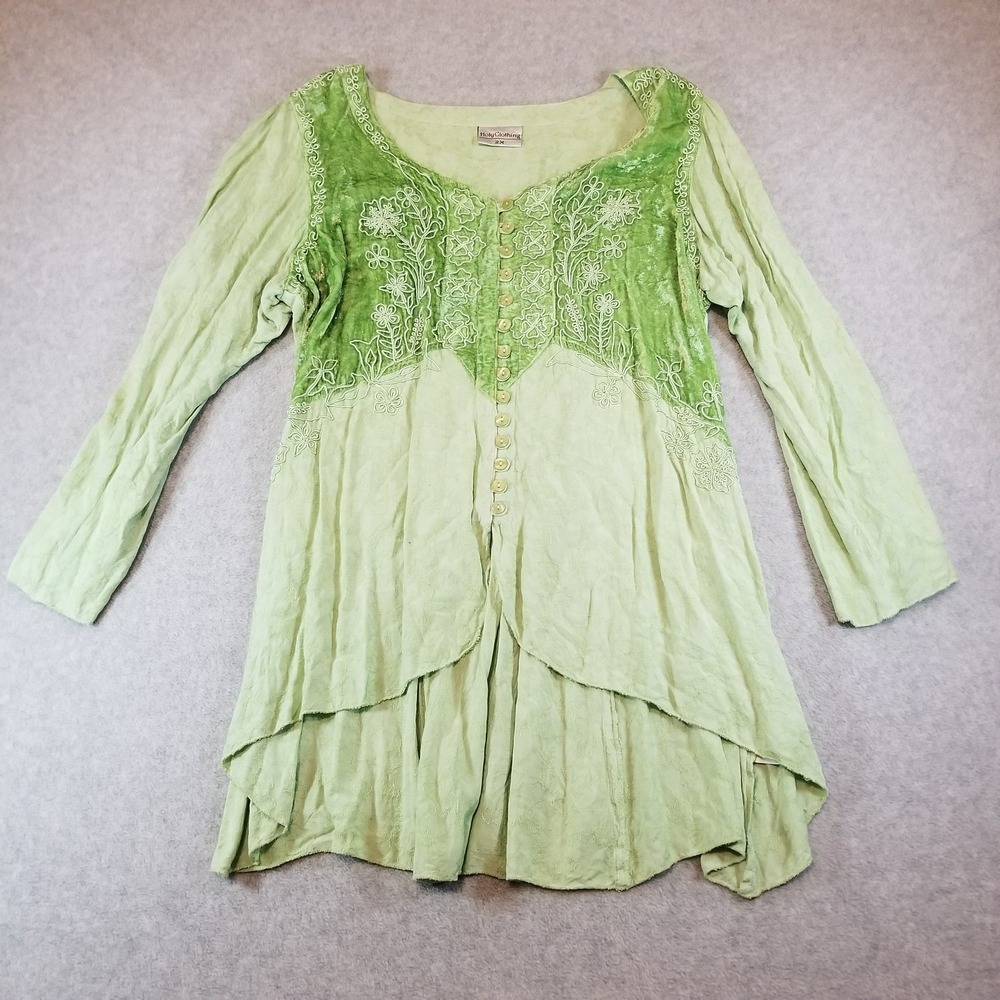 Holy Clothing Shirt Womens Double Extra Large Green Lace Up Fairy Renaissance